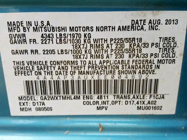 4A4AP3AUXEE004692 - 2014 MITSUBISHI OUTLANDER BLUE photo 10