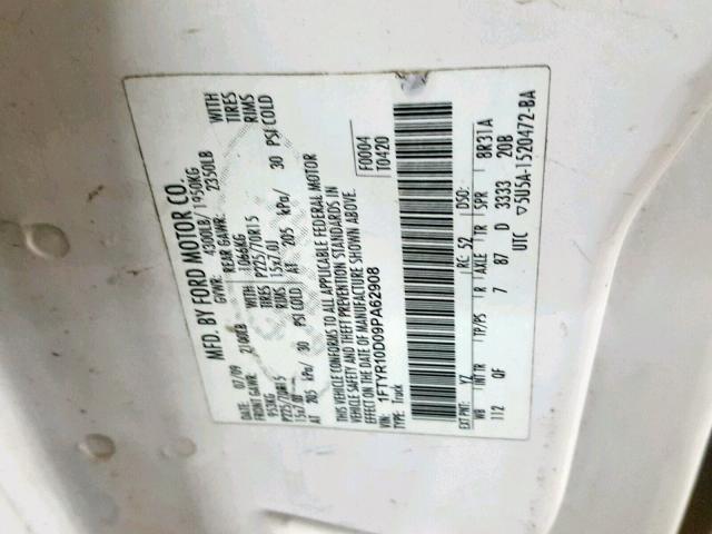 1FTYR10D09PA62908 - 2009 FORD RANGER WHITE photo 10