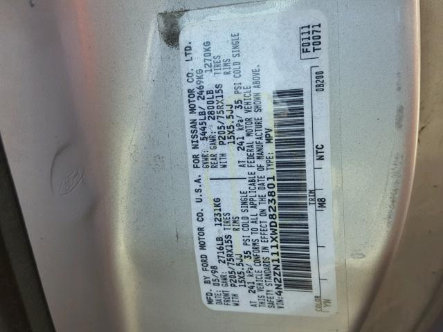 4N2ZN111XWD823801 - 1998 NISSAN QUEST XE SILVER photo 10