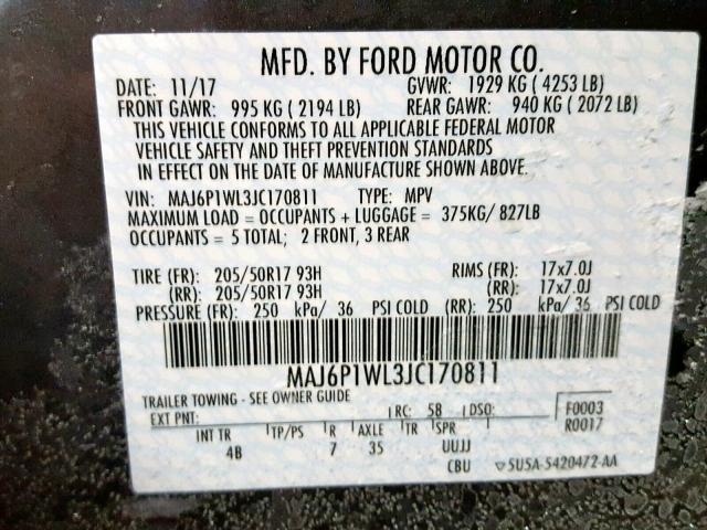 MAJ6P1WL3JC170811 - 2018 FORD ECOSPORT T GRAY photo 10