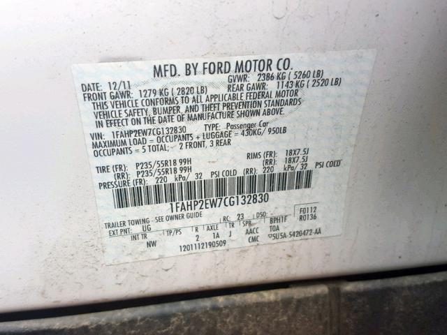 1FAHP2EW7CG132830 - 2012 FORD TAURUS SEL WHITE photo 10