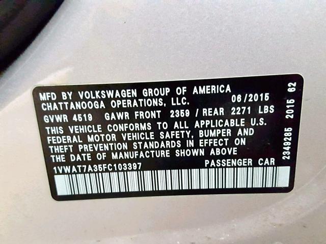 1VWAT7A35FC103397 - 2015 VOLKSWAGEN PASSAT S SILVER photo 10