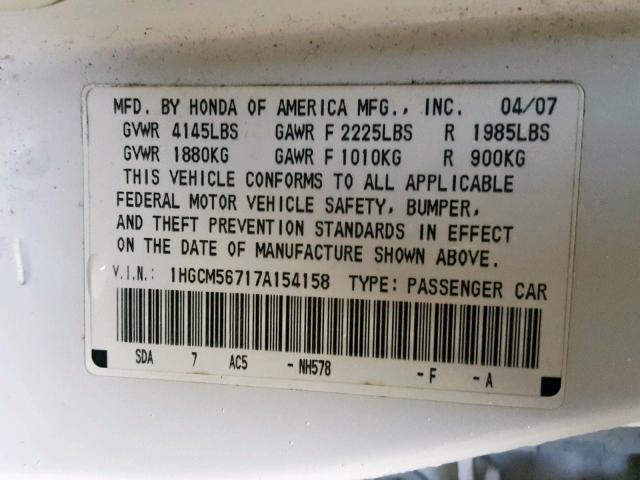 1HGCM56717A154158 - 2007 HONDA ACCORD EX WHITE photo 10