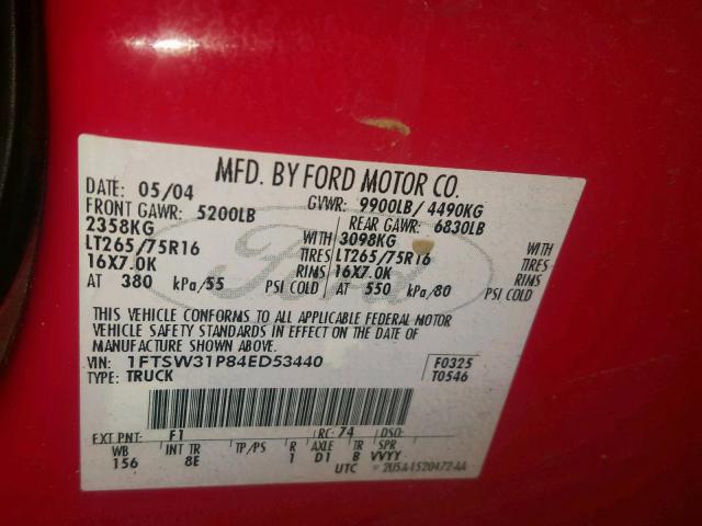 1FTSW31P84ED53440 - 2004 FORD F350 SRW S RED photo 10