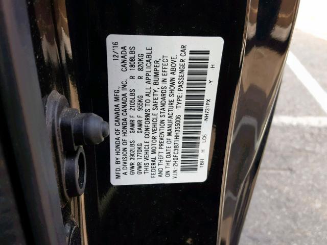 2HGFC3B71HH355006 - 2017 HONDA CIVIC EXL BLACK photo 10