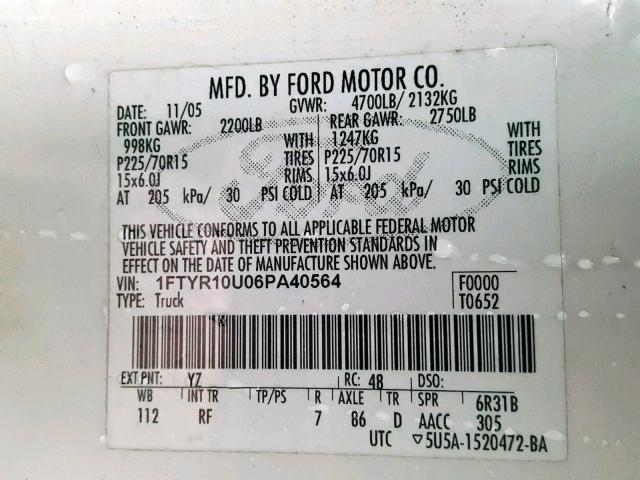 1FTYR10U06PA40564 - 2006 FORD RANGER WHITE photo 10