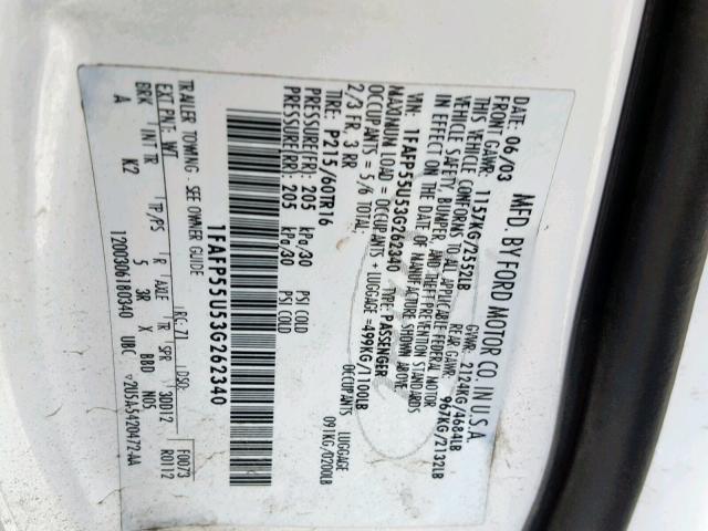 1FAFP55U53G262340 - 2003 FORD TAURUS SES WHITE photo 10