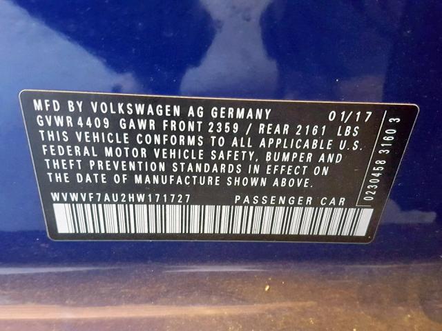 WVWVF7AU2HW171727 - 2017 VOLKSWAGEN GOLF R BLUE photo 10