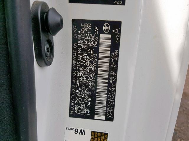 JTKDE177970203273 - 2007 TOYOTA SCION TC 白色 照片 10