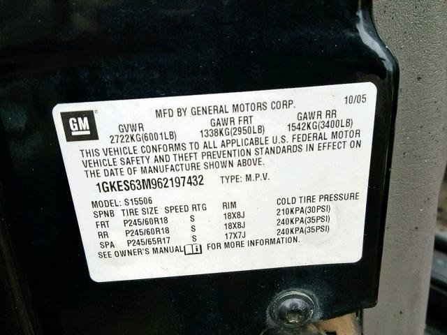 1GKES63M962197432 - 2006 GMC ENVOY DENA BLACK photo 10