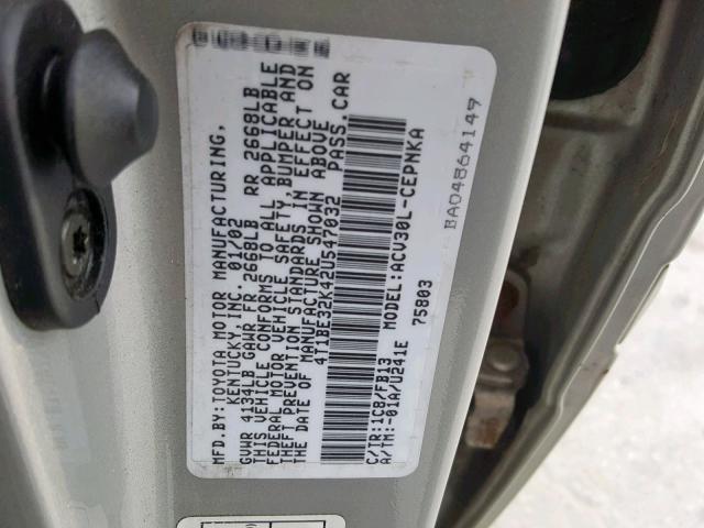 4T1BE32K42U547032 - 2002 TOYOTA CAMRY LE SILVER photo 10