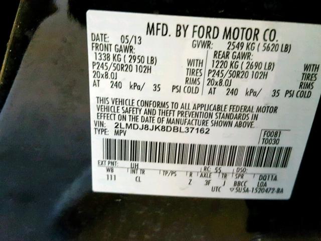 2LMDJ8JK8DBL37162 - 2013 LINCOLN MKX BLACK photo 10