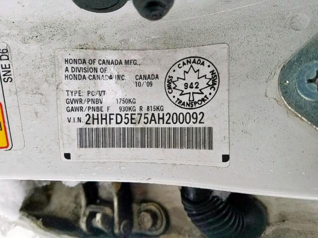 2HHFD5E75AH200092 - 2010 ACURA CSX TECHNO WHITE photo 9