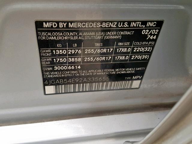 4JGAB54E92A335655 - 2002 MERCEDES-BENZ ML 320 SILVER photo 10