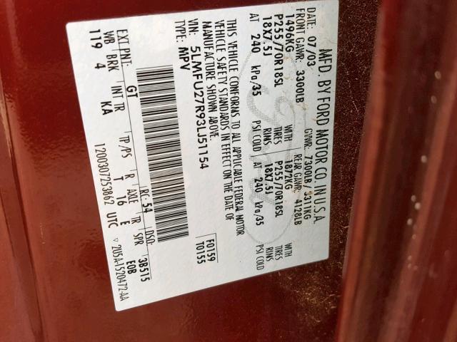 5LMFU27R93LJ51154 - 2003 LINCOLN NAVIGATOR BURGUNDY photo 10