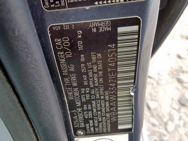 WBAAW33421ET40514 - 2001 BMW 325 IT GRAY photo 10