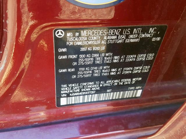 4JGAB54E9YA177357 - 2000 MERCEDES-BENZ ML 320 BURGUNDY photo 10