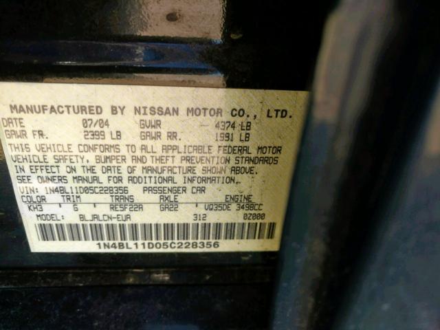 1N4BL11D05C228356 - 2005 NISSAN ALTIMA SE BLACK photo 10