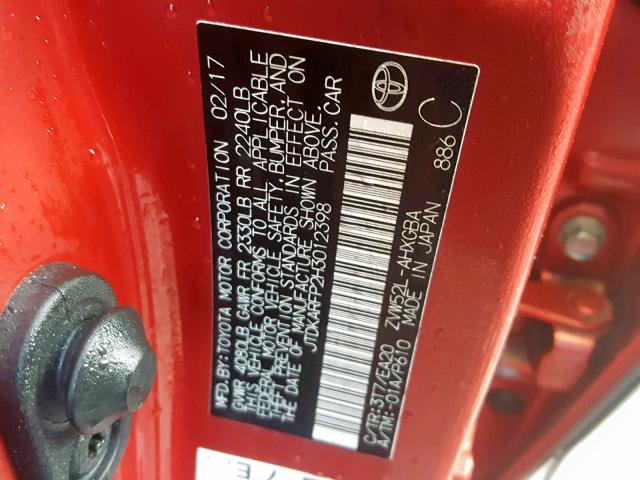 JTDKARFP2H3012398 - 2017 TOYOTA PRIUS PRIM RED photo 10