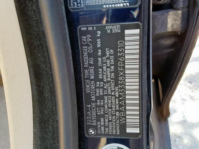 WBAAM3338XFP63310 - 1999 BMW 323I AUTOM BLACK photo 10