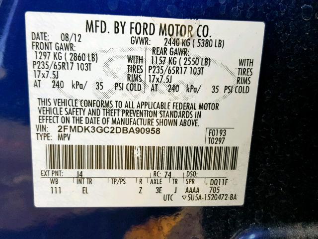 2FMDK3GC2DBA90958 - 2013 FORD EDGE SE BLUE photo 10