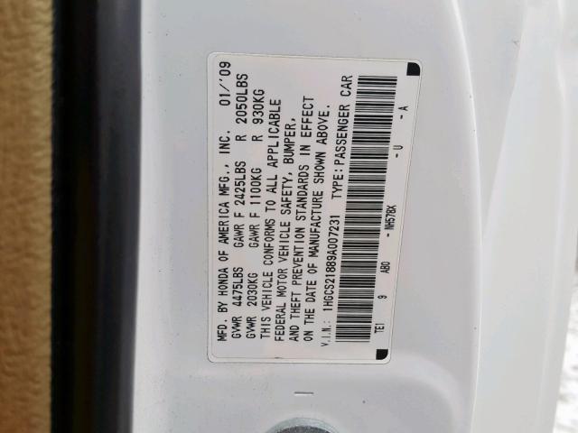 1HGCS21889A007231 - 2009 HONDA ACCORD EXL WHITE photo 10