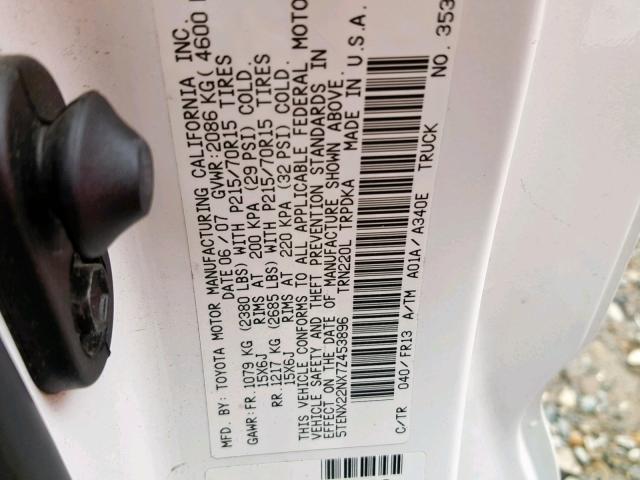 5TENX22NX7Z453896 - 2007 TOYOTA TACOMA WHITE photo 10