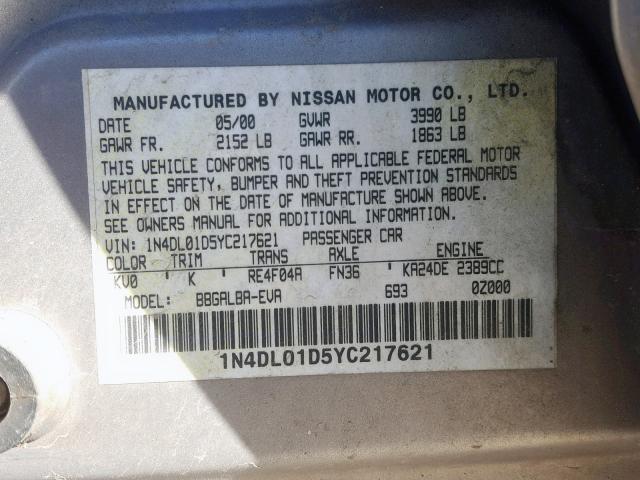 1N4DL01D5YC217621 - 2000 NISSAN ALTIMA XE BROWN photo 10