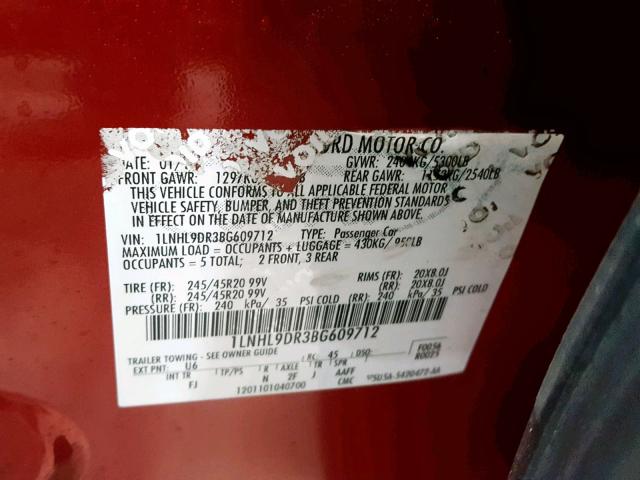 1LNHL9DR3BG609712 - 2011 LINCOLN MKS RED photo 10