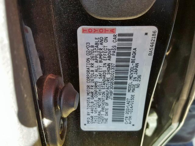 JTHBF30G836001337 - 2003 LEXUS ES 300 BLACK photo 10