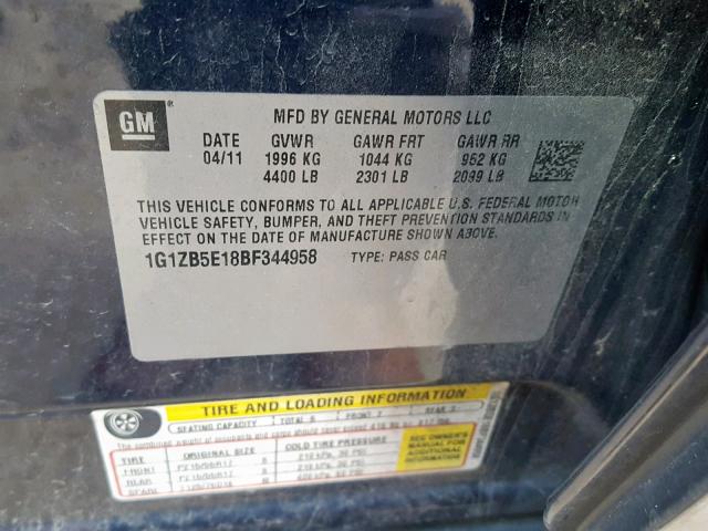 1G1ZB5E18BF344958 - 2011 CHEVROLET MALIBU LS BLUE photo 10