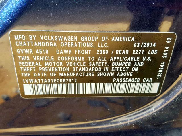 1VWAT7A31EC087312 - 2014 VOLKSWAGEN PASSAT S BLUE photo 10