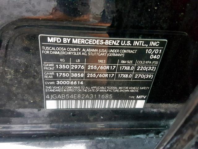 4JGAB54E82A311685 - 2002 MERCEDES-BENZ ML 320 BLACK photo 10