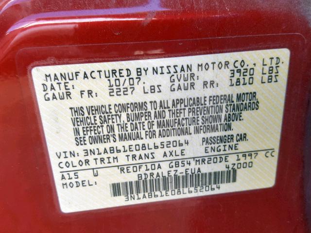 3N1AB61E08L652064 - 2008 NISSAN SENTRA 2.0 RED photo 10