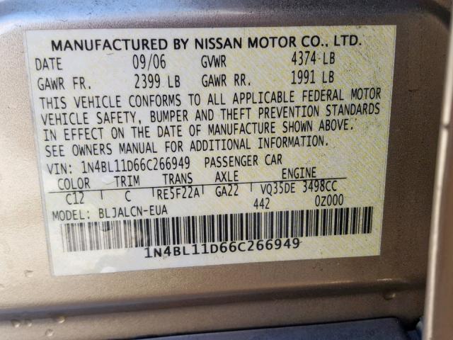 1N4BL11D66C266949 - 2006 NISSAN ALTIMA SE GOLD photo 10