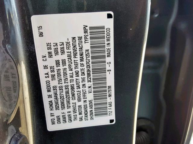 3CZRM3H3XFG712574 - 2015 HONDA CR-V LX GRAY photo 10