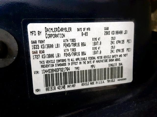 1D4HS38N83F621764 - 2003 DODGE DURANGO SP BLUE photo 10