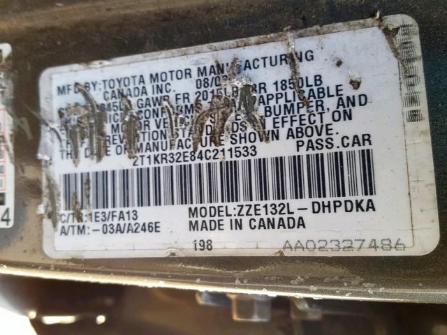 2T1KR32E84C211533 - 2004 TOYOTA COROLLA MA GRAY photo 10