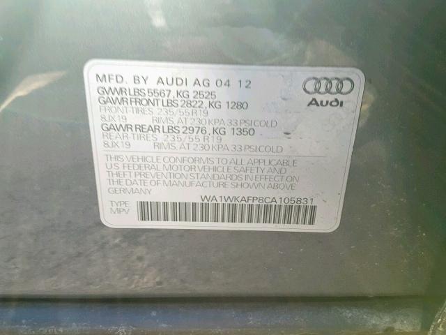 WA1WKAFP8CA105831 - 2012 AUDI Q5 PRESTIG GRAY photo 10