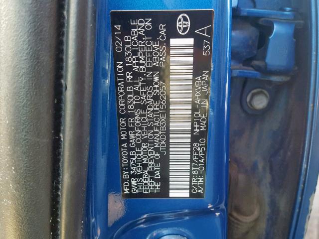 JTDKDTB3XE1562057 - 2014 TOYOTA PRIUS C BLUE photo 10