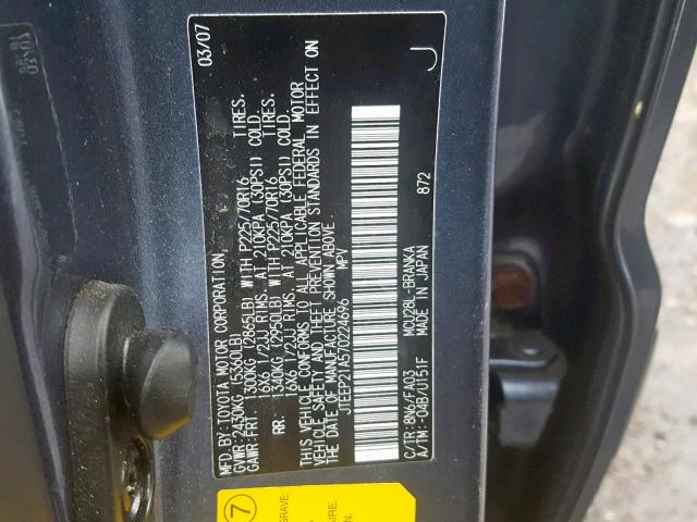 JTEEP21A570224696 - 2007 TOYOTA HIGHLANDER BLUE photo 10