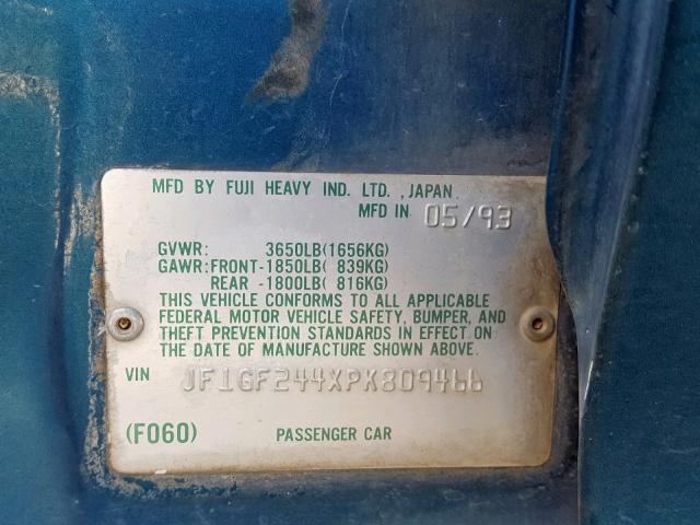 JF1GF244XPK809466 - 1993 SUBARU IMPREZA L BLUE photo 10