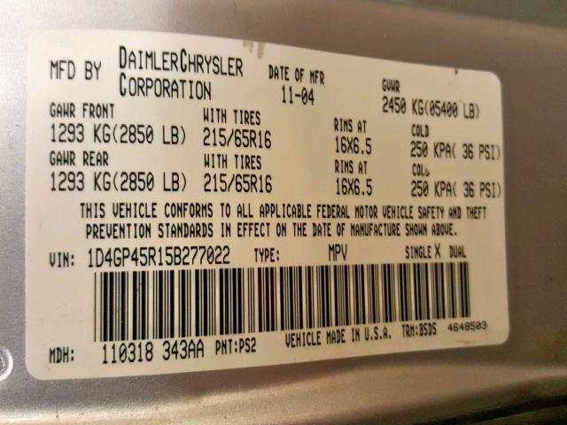 1D4GP45R15B277022 - 2005 DODGE CARAVAN SX SILVER photo 10