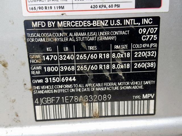 4JGBF71E78A332089 - 2008 MERCEDES-BENZ GL 450 4MA SILVER photo 10