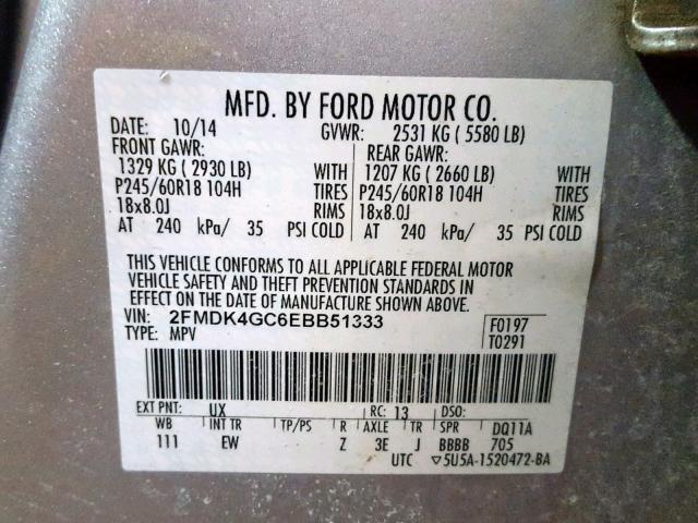 2FMDK4GC6EBB51333 - 2014 FORD EDGE SE SILVER photo 10