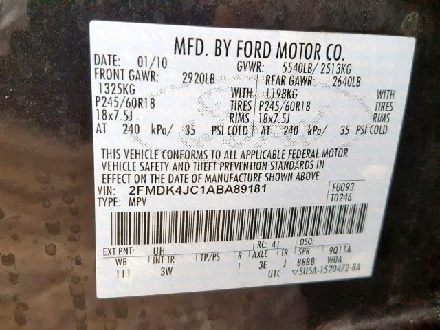 2FMDK4JC1ABA89181 - 2010 FORD EDGE SEL BLACK photo 10