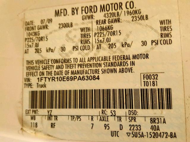 1FTYR10E69PA63084 - 2009 FORD RANGER WHITE photo 10