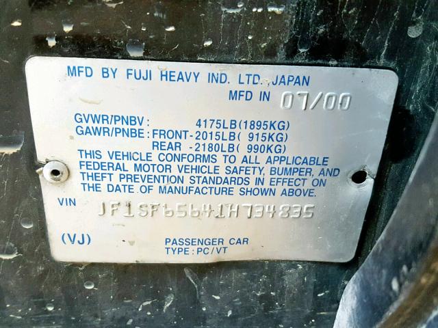 JF1SF65641H734835 - 2001 SUBARU FORESTER S შავი ფოტო 10