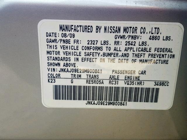 JNKAJ09E29M900841 - 2009 INFINITI EX35 BASE SILVER photo 10