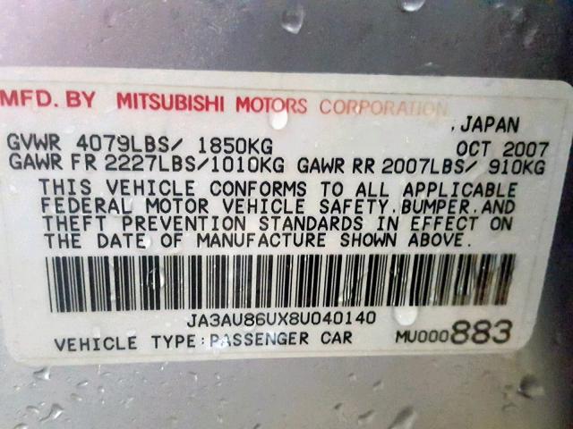 JA3AU86UX8U040140 - 2008 MITSUBISHI LANCER GTS SILVER photo 10